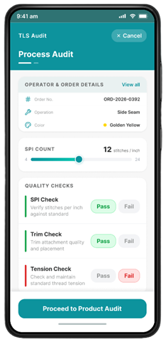 QOne mobile quality app showing a process audit screen